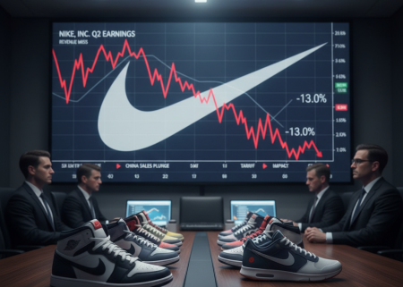 Stock chart with Nike swoosh logo overlay, modern sneakers in foreground, corporate boardroom vibe, realistic and analytical tone.