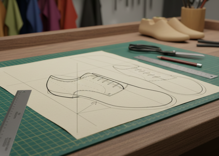 Derby shoe pattern illustrating tongue height groove and lining construction in footwear manufacturing