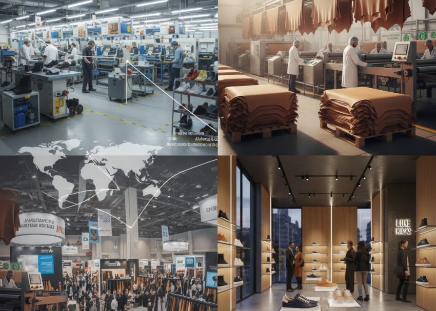 Global footwear and leather industry overview showing shoe manufacturing, leather processing, international trade routes, fashion footwear displays, and industry exhibitions