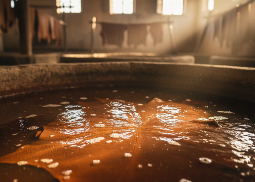 Traditional oak bark pit tanning