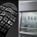 Severe blooming defect (white haze) on rubber footwear outsole beside SATRA TM361 accelerated ageing test chamber