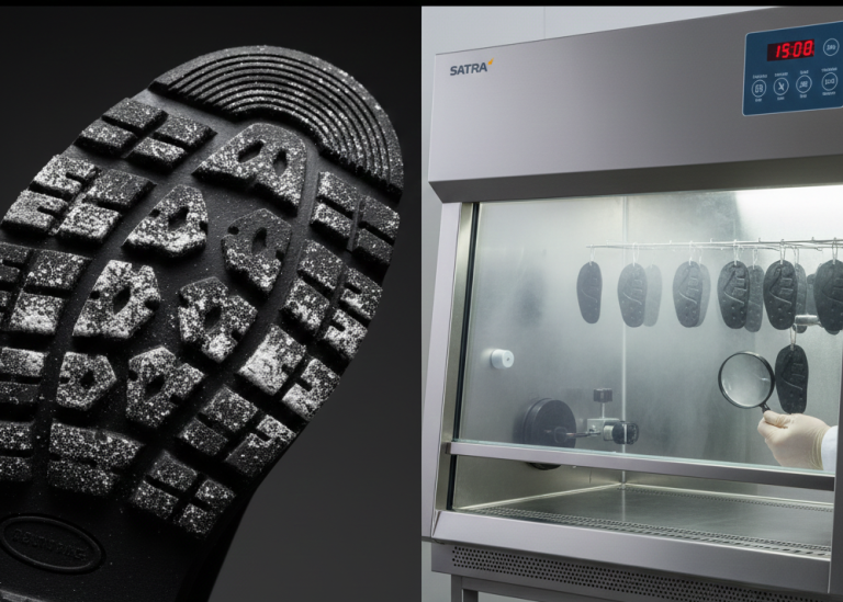 Severe blooming defect (white haze) on rubber footwear outsole beside SATRA TM361 accelerated ageing test chamber