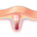 Vintage-style cross-section diagram of a foot sole illustrating a hard corn's structure, including callused area, cone, and penetrating nucleus/root