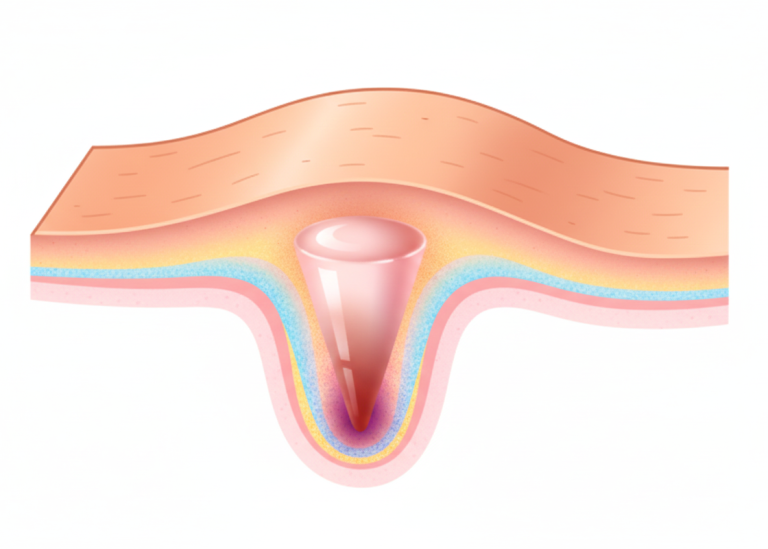 Vintage-style cross-section diagram of a foot sole illustrating a hard corn's structure, including callused area, cone, and penetrating nucleus/root