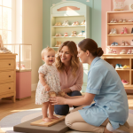 Professional fitter measuring baby foot while mother watches