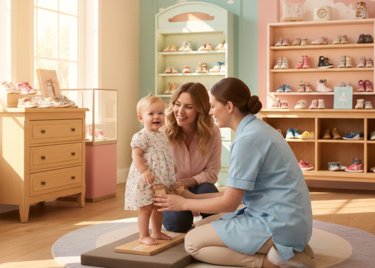 Professional fitter measuring baby foot while mother watches