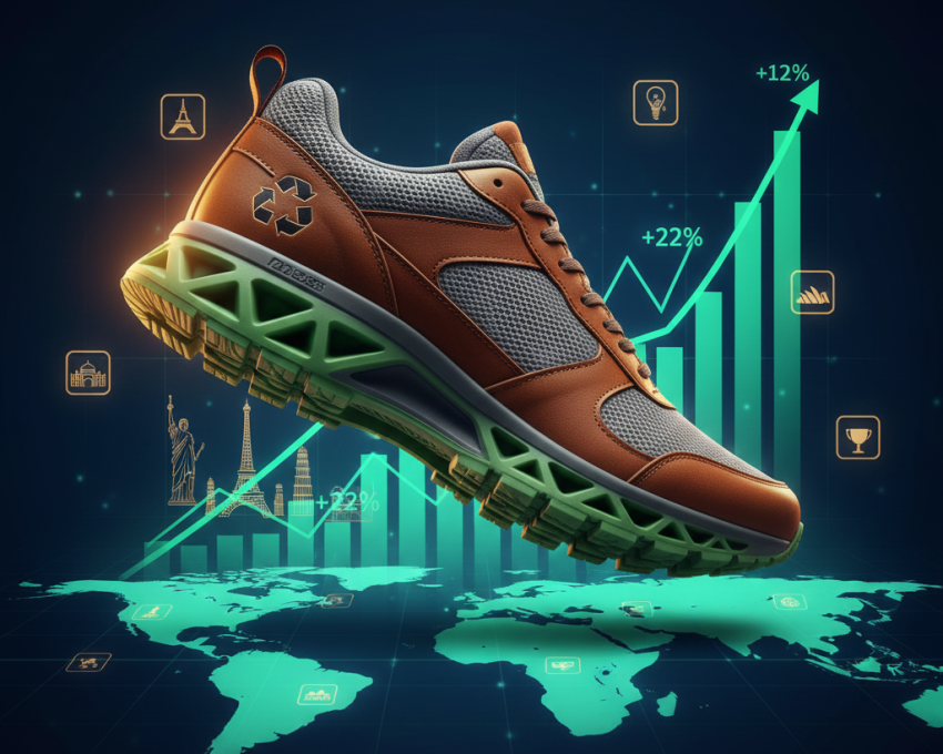 Sustainable running shoe on global map with rising stock charts – footwear sector momentum