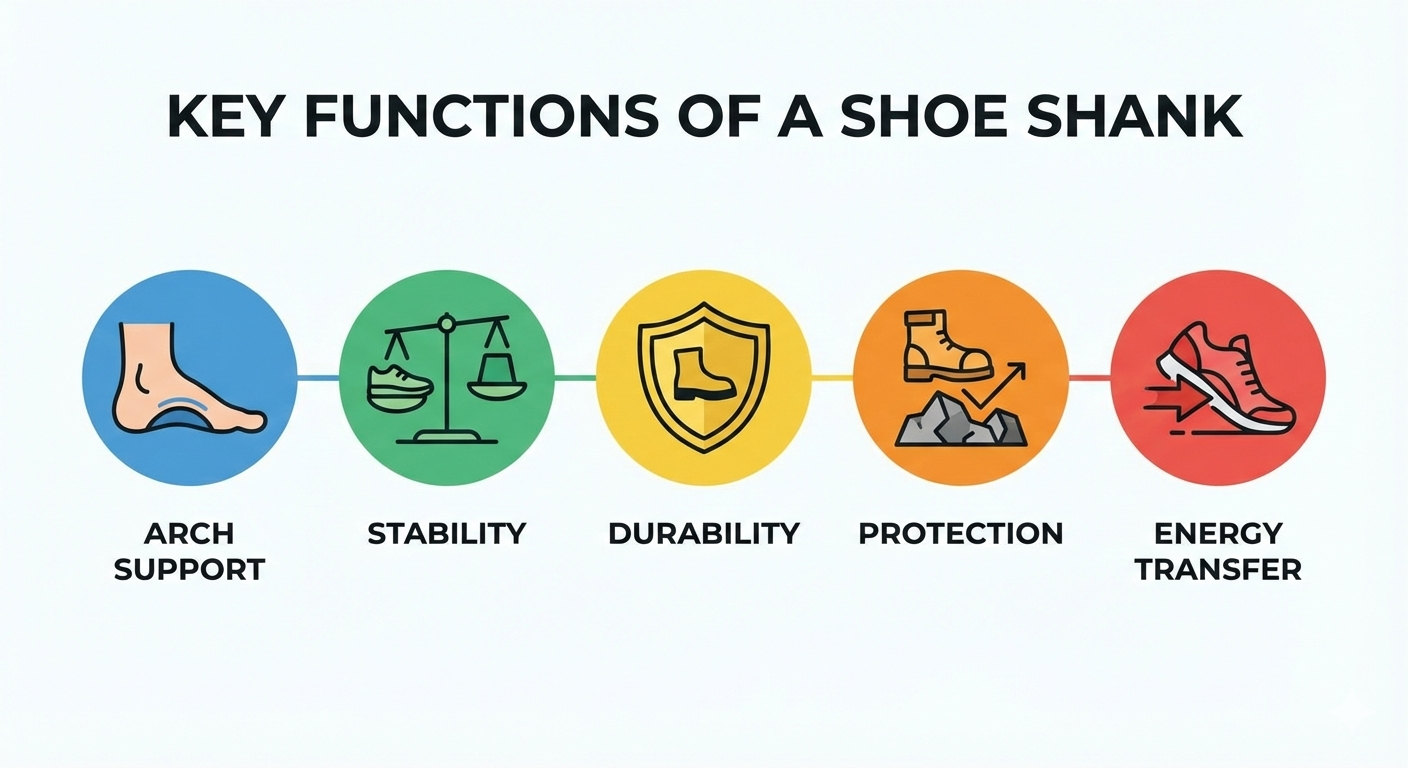 Infographic highlighting the five core functions of a shoe shank with illustrative icons.
