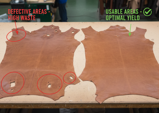 Comparison of defective vs usable leather areas on cutting table