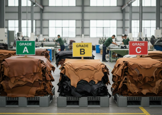 Comparison of graded leather stacks labeled A, B, C in cutting department