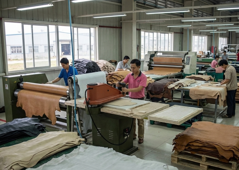 Realistic footwear cutting department scene, clicker cutting leather using patterns