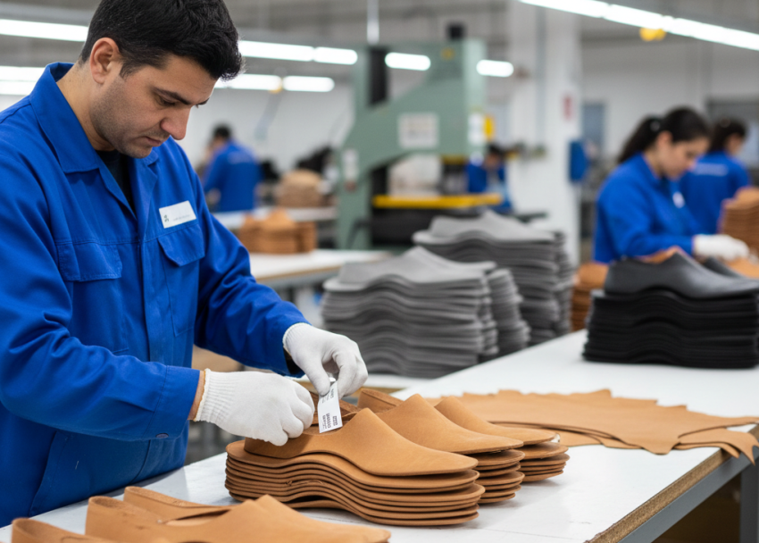 Post-cutting inspection and labeling process in a footwear factory