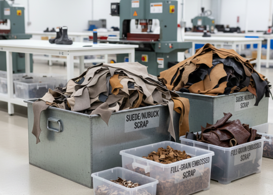 Organized leather scrap management in footwear factory
