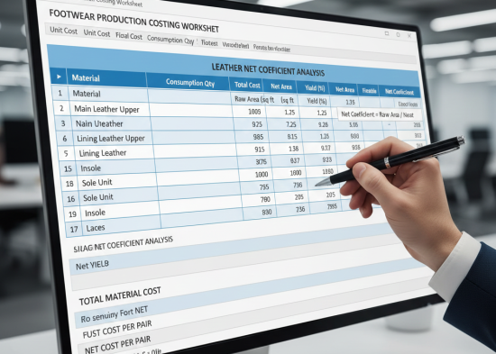 Footwear costing worksheet with leather net coefficient data