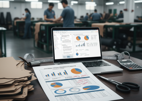 Footwear cutting performance report displayed on factory desk
