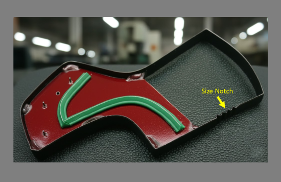 Size notch marking on cutting knife in footwear production