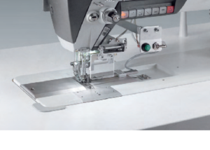 Needle and eye safety guards on footwear stitching machine