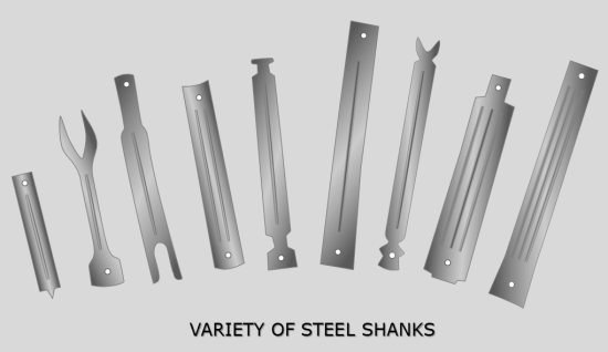 Historical and technical illustrations of different steel shoe shank types and fastening variations.