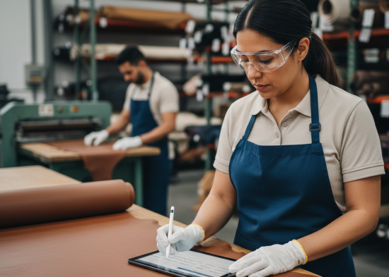 Factory quality inspector recording leather area inspection data