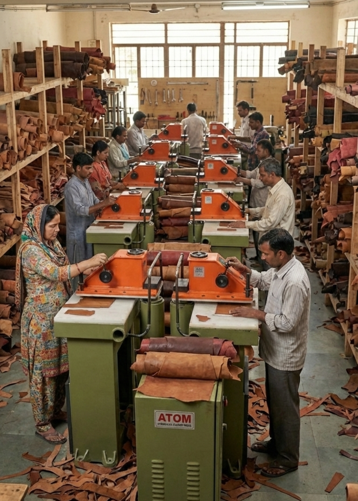 Clicker cutting leather with visible issued and returned leather stacks