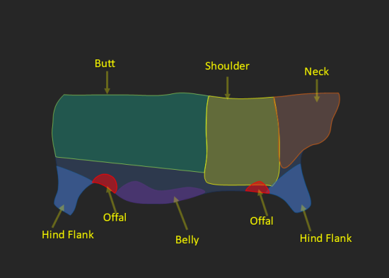 Leather zones and stretch behavior in footwear cutting