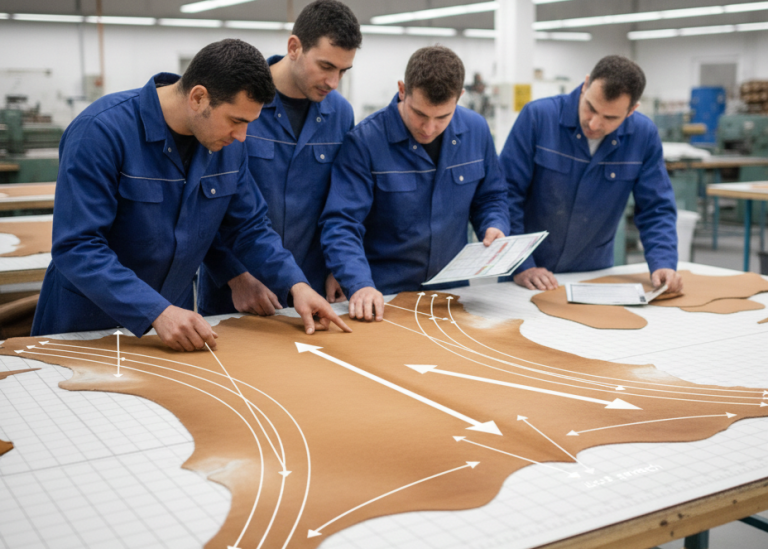 Leather stretch direction in footwear manufacturing cutting process