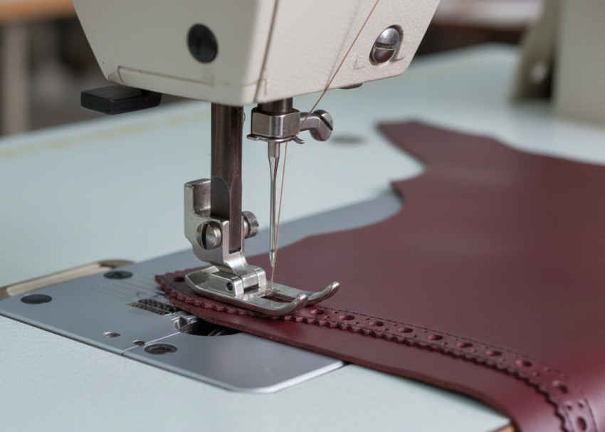 Footwear stitching thread interaction with needle and rotary hook