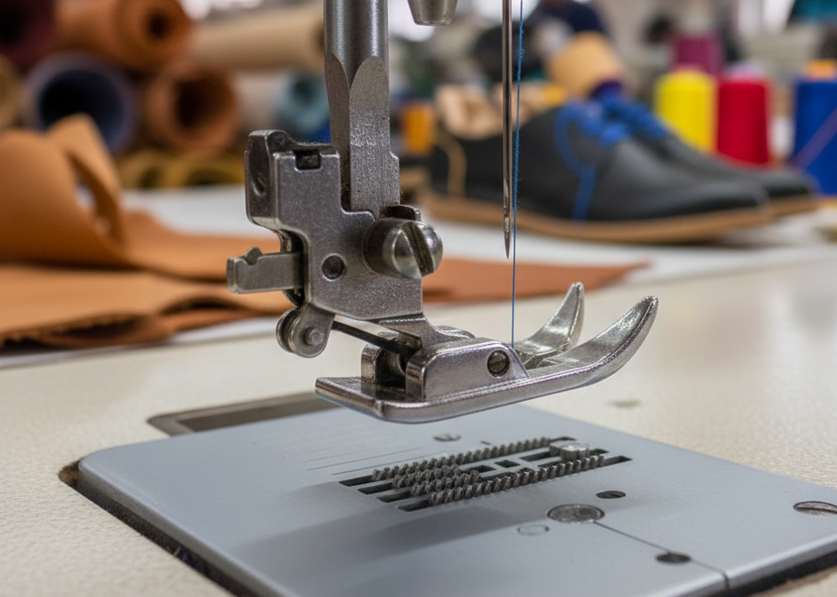 Sewing machine needle penetrating leather in action.