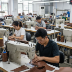 Footwear upper stitching using industrial stitching machines