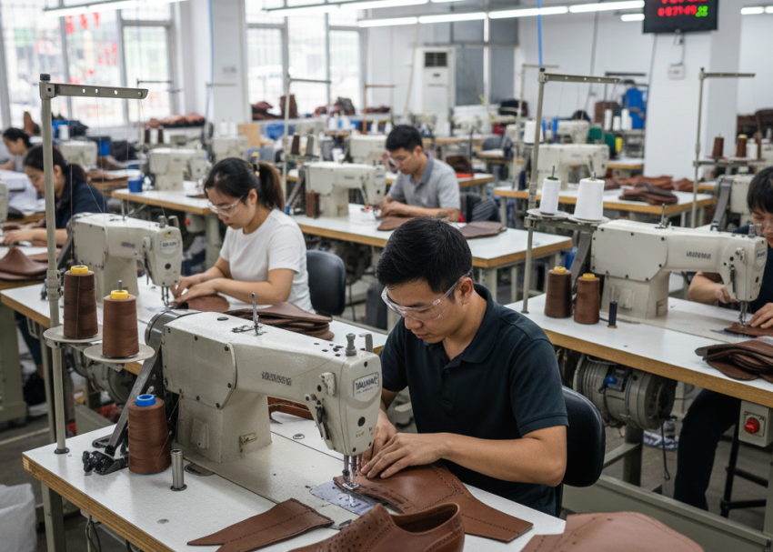 Footwear upper stitching using industrial stitching machines