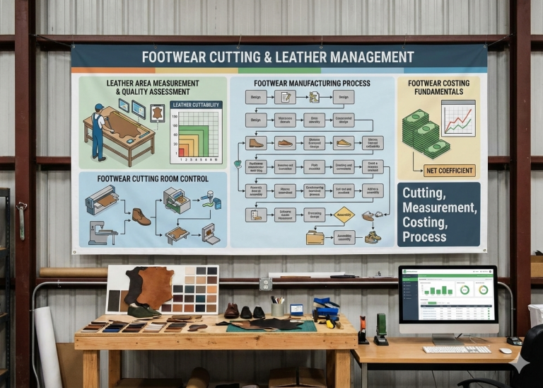 Footwear Cutting, Leather Area Measurement, Net Coefficient, Leather Cuttability, Footwear Manufacturing Process, Cutting Room Control, Leather Quality Assessment, Footwear Costing Fundamentals