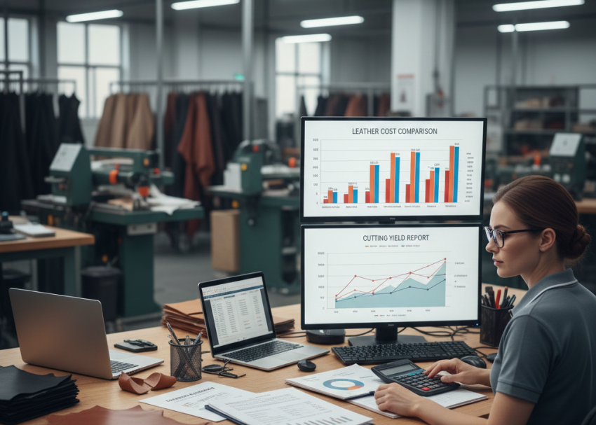 Realistic footwear factory costing analysis scene, leather cost comparison charts, cutting yield reports