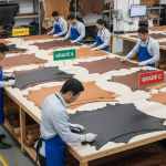 Realistic leather grading area in a footwear factory, leather skins sorted by quality grades on cutting tables