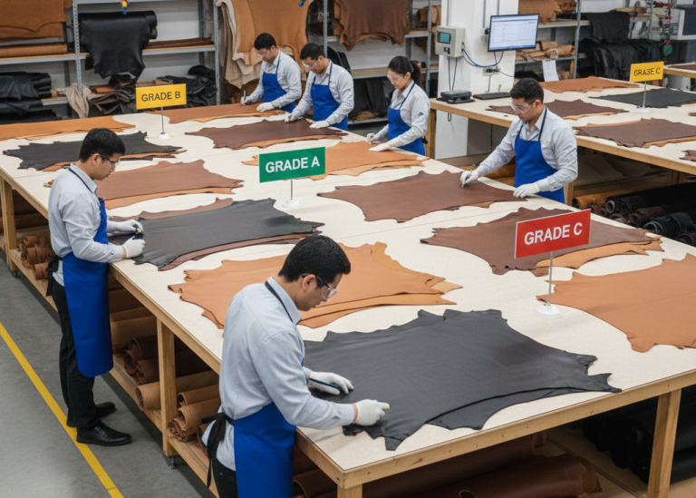 Realistic leather grading area in a footwear factory, leather skins sorted by quality grades on cutting tables