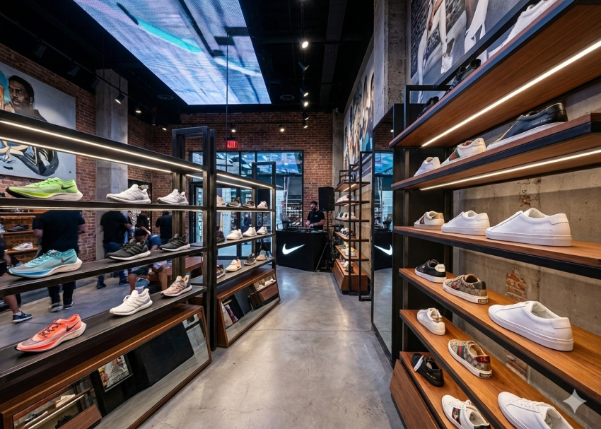 Premium athletic and leather footwear in contemporary store