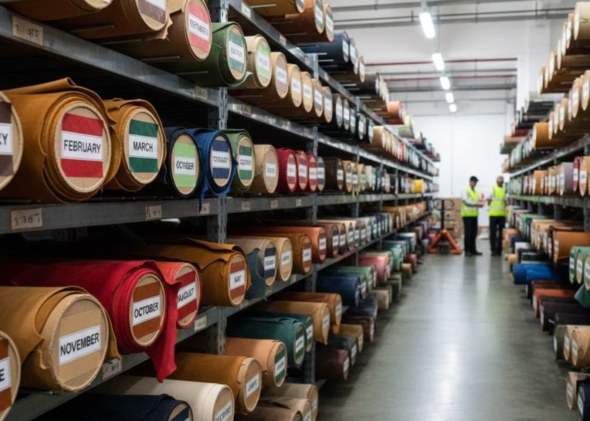 Colored tape identification system used for FIFO leather storage in footwear factory warehouse