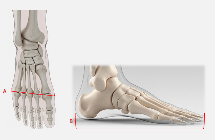 Foot anatomy diagram highlighting correct girth measurement position at the ball of the foot