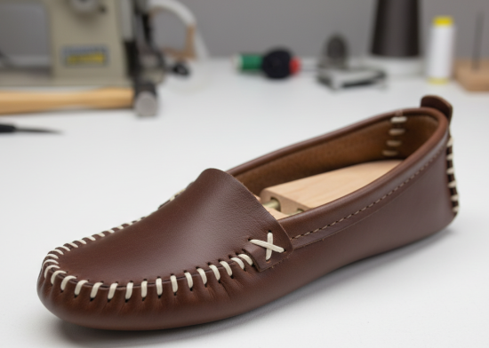 Moccasin upper moulded over last showing plug attachment and shaping process