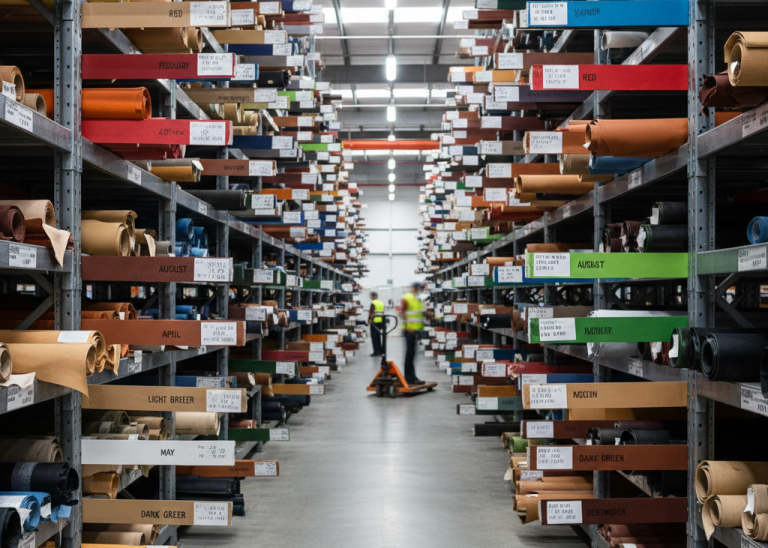 Colored tape identification system used for FIFO leather storage in footwear factory warehouse