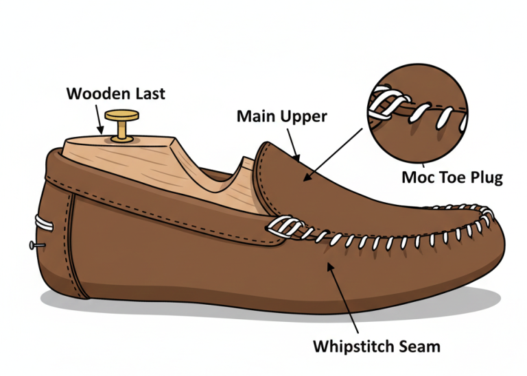 Moccasin upper moulded over last showing plug attachment and shaping process