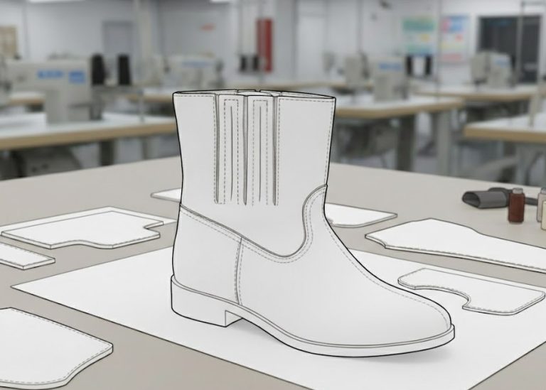 Boot top-line cut-out and elastic gusset construction in footwear manufacturing pattern engineering