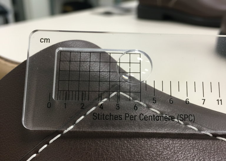 Footwear manufacturing insights showing stitch length and seam distance measurement tools