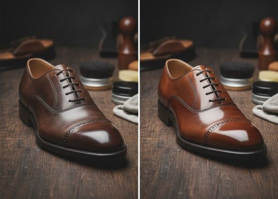 Before and after shoe finishing on leather footwear.