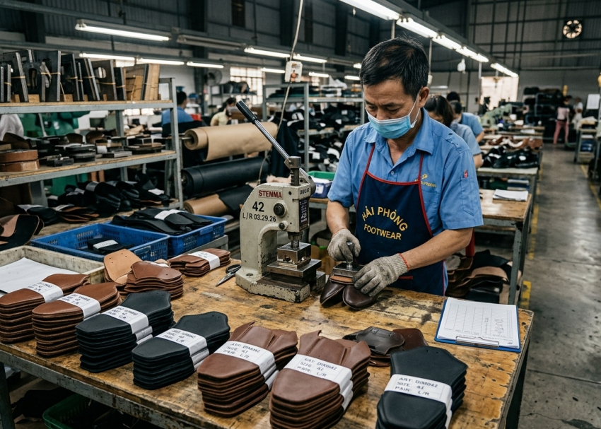 Footwear component bundling with identification slips in factory