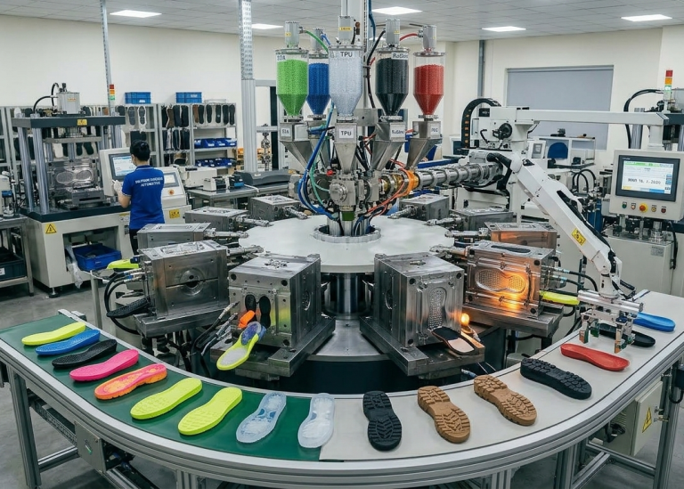 Multi-color multi-component sole moulding machine in footwear manufacturing