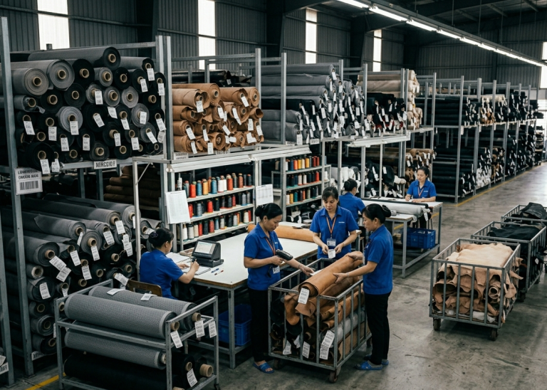 Raw material inspection in footwear factory warehouse