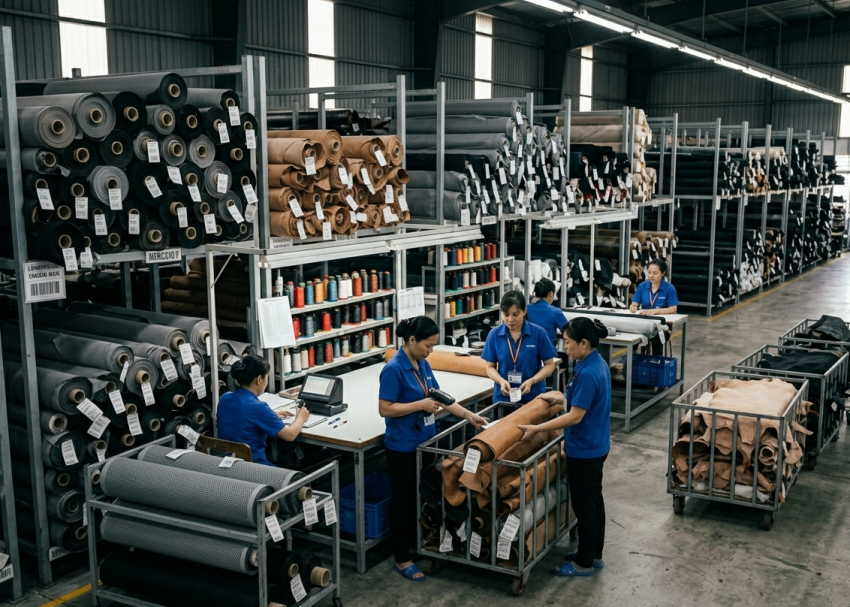 Raw material inspection in footwear factory warehouse