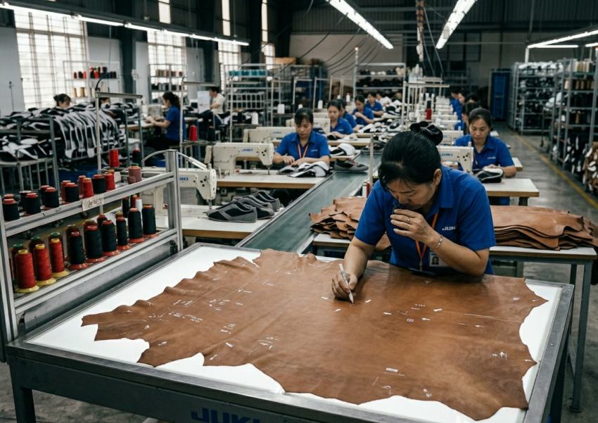 Leather inspection in footwear factory