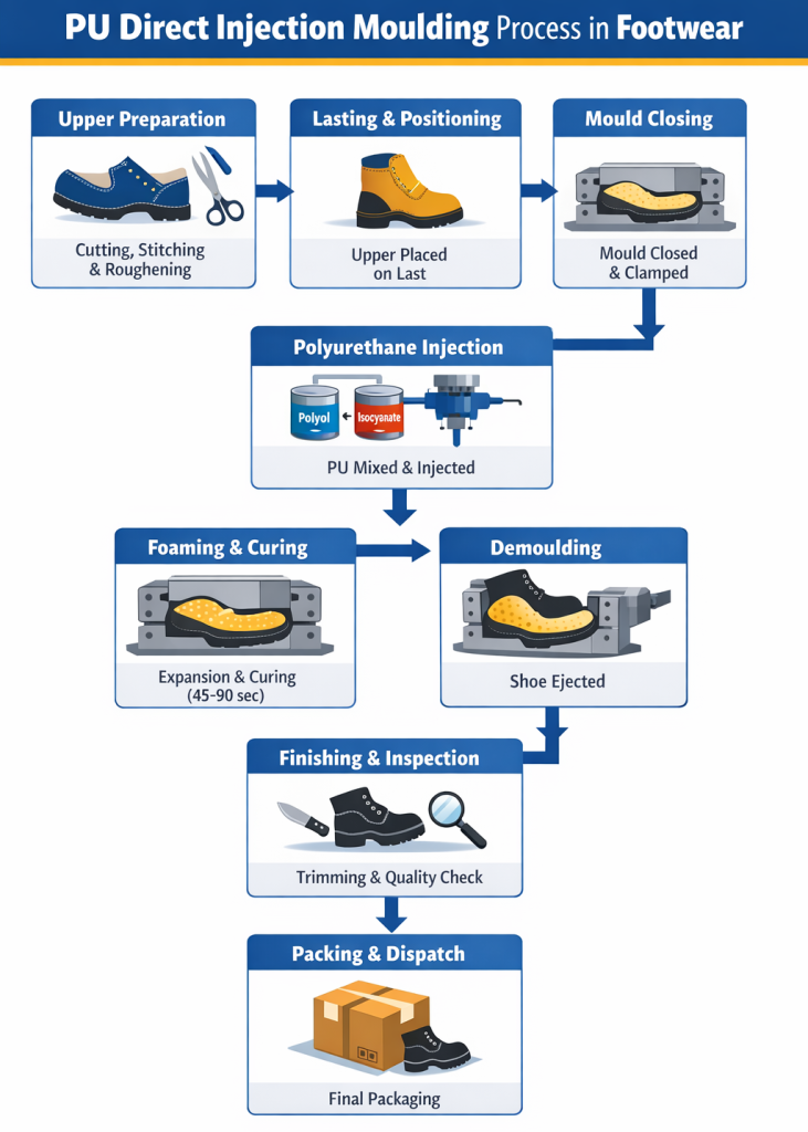 PU direct injection moulding footwear process diagram