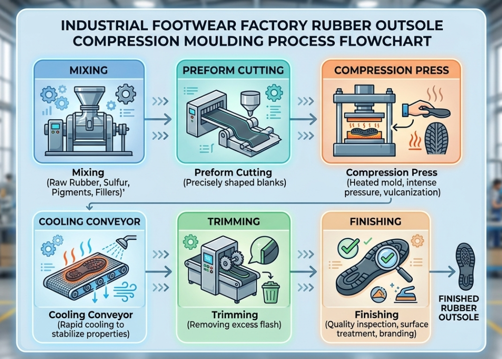 Rubber Outsole Compression Moulding Process Flow Chart